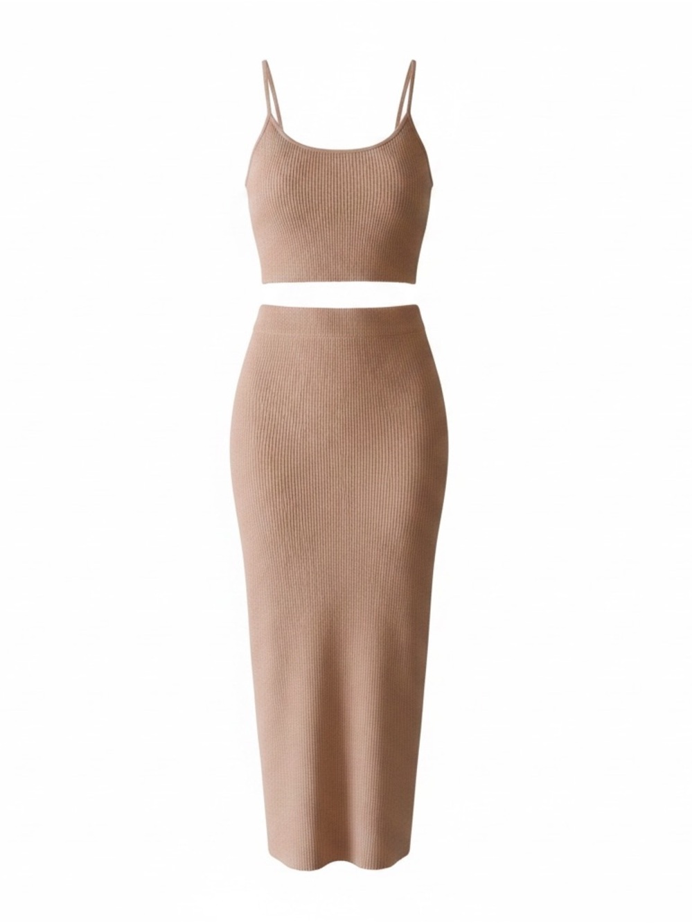Ribbed Knit Two-Piece Midi Skirt Set - Taupe
